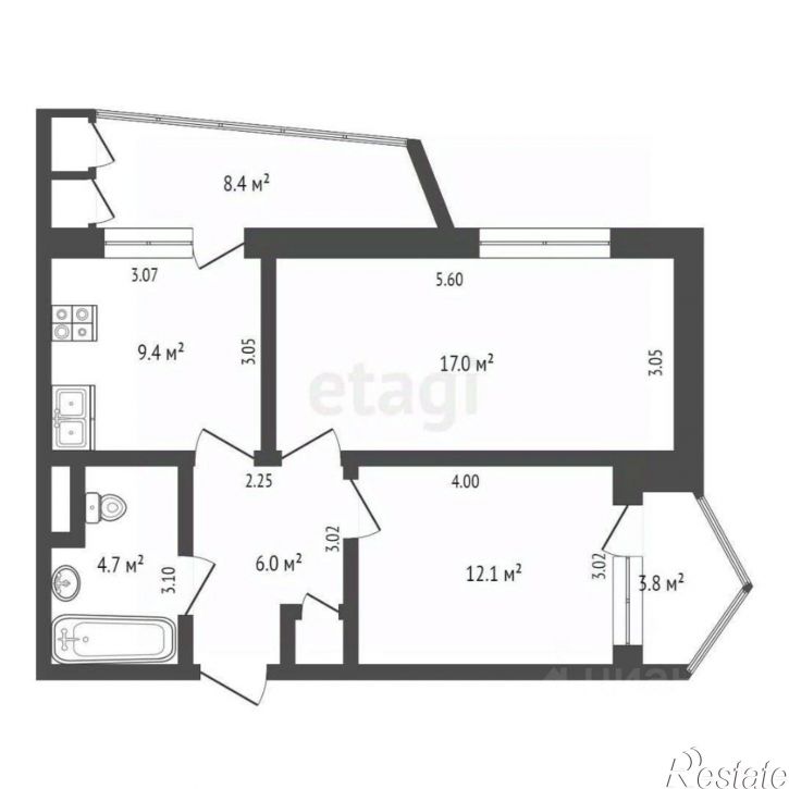 2-комн квартира ул Курчатова, 12,  д. 12
