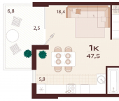 1-комн, 47 кв м, этаж 9/9 ул Спендиарова, 5